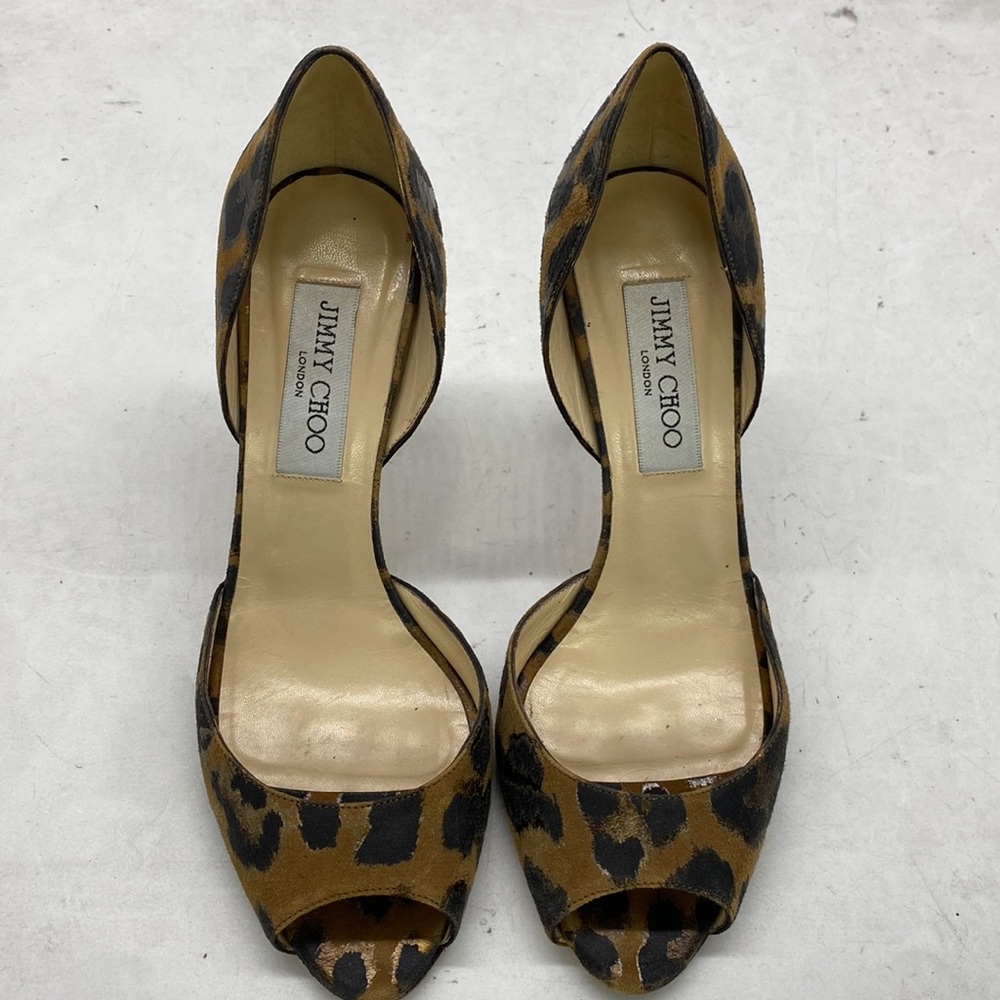 Jimmy Choo Leopard Print Peep-Toe Heels - Brown and Black